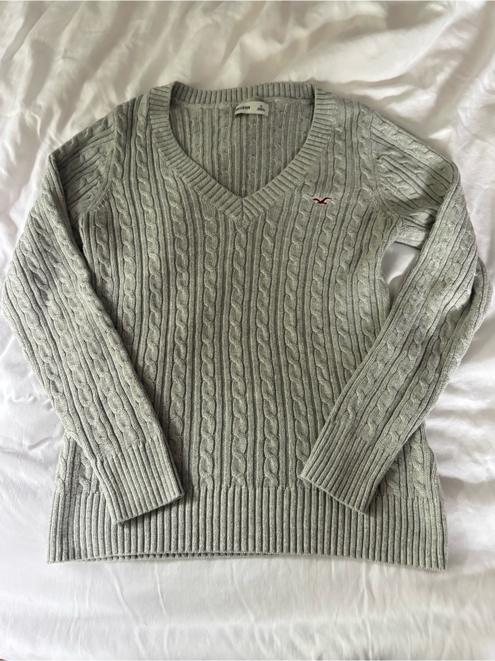 Hollister Light Gray Cable Knit V-Neck Sweater